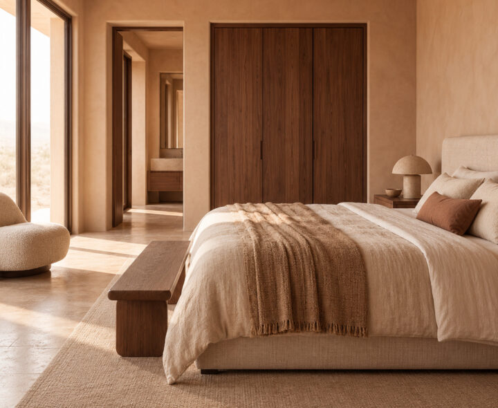 Earth-toned modern bedroom with a low upholstered bed, linen bedding, walnut wardrobe and a soft woven rug.