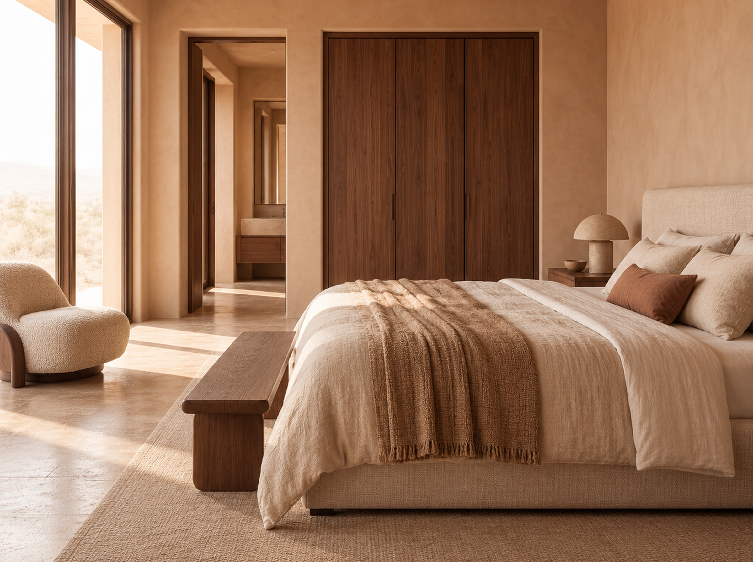 Earth-toned modern bedroom with a low upholstered bed, linen bedding, walnut wardrobe and a soft woven rug.