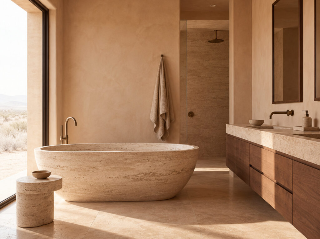Contemporary earthy bathroom with an oval stone-look freestanding bathtub, matching vanity top, walnut cabinets and plaster walls.