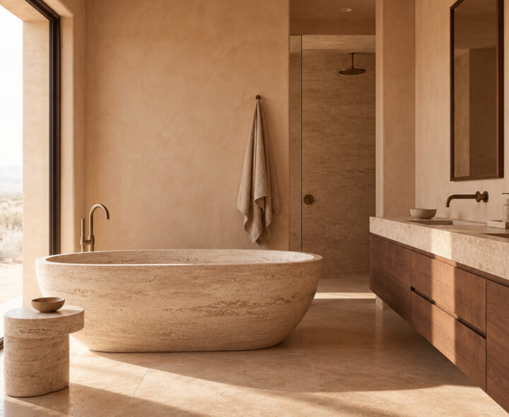 Contemporary earthy bathroom with an oval stone-look freestanding bathtub, matching vanity top, walnut cabinets and plaster walls.