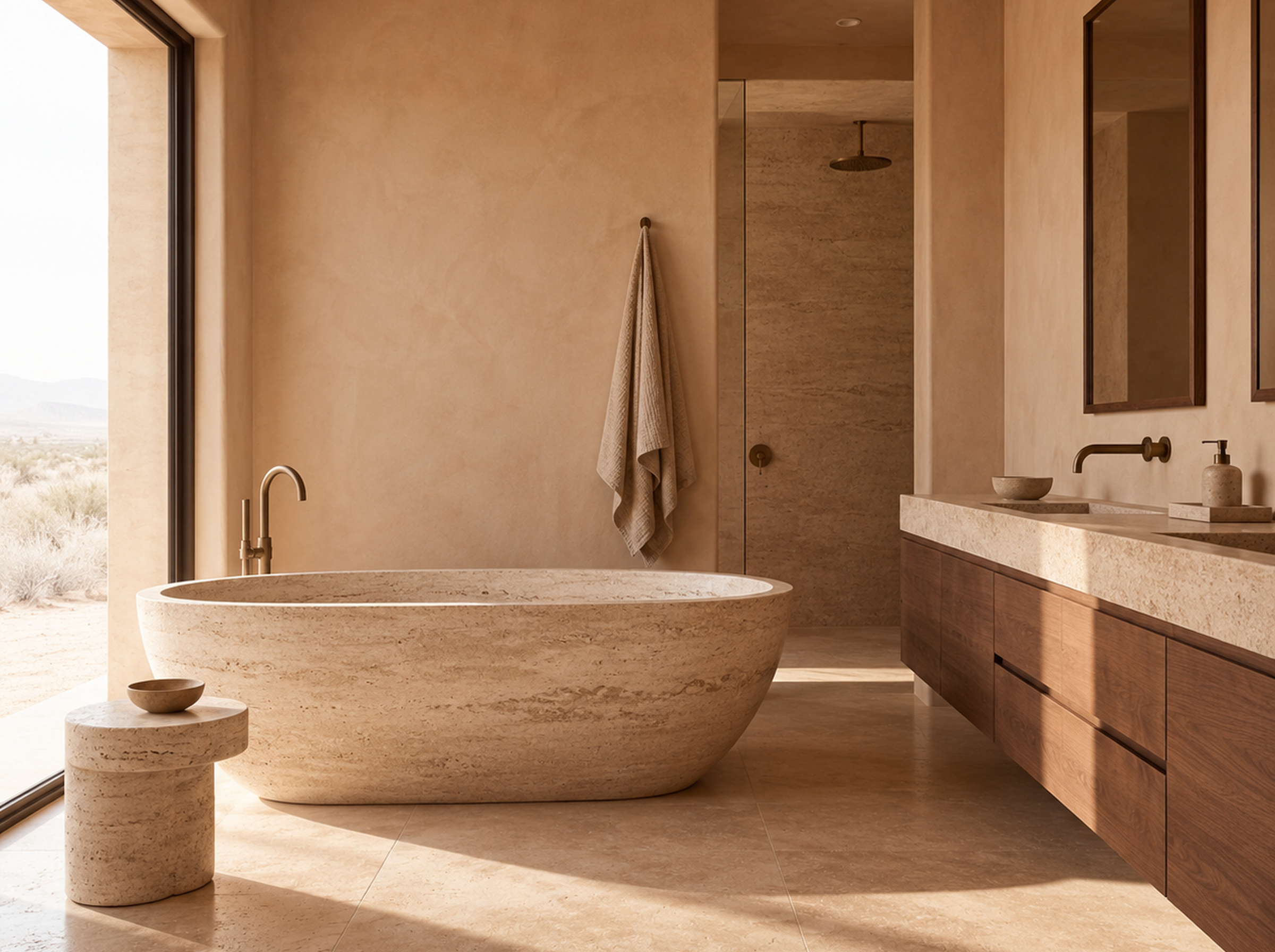 Contemporary earthy bathroom with an oval stone-look freestanding bathtub, matching vanity top, walnut cabinets and plaster walls.