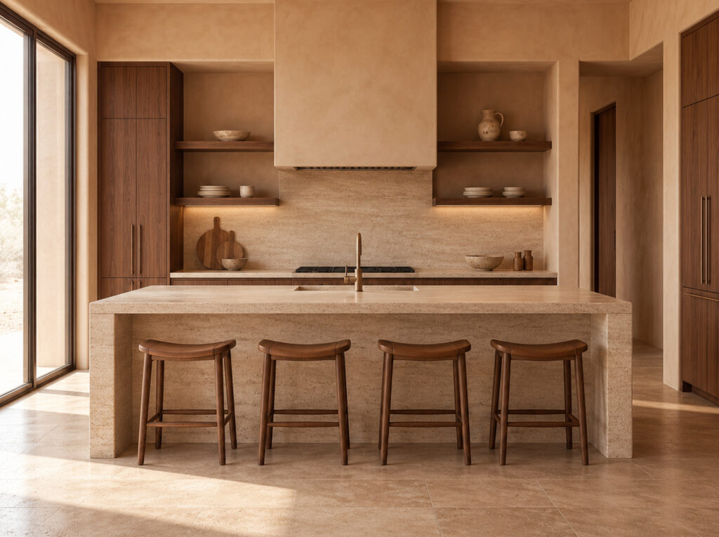 Minimal desert-style kitchen with a broad travertine-look island, four wooden stools, walnut cabinetry and warm plaster walls.