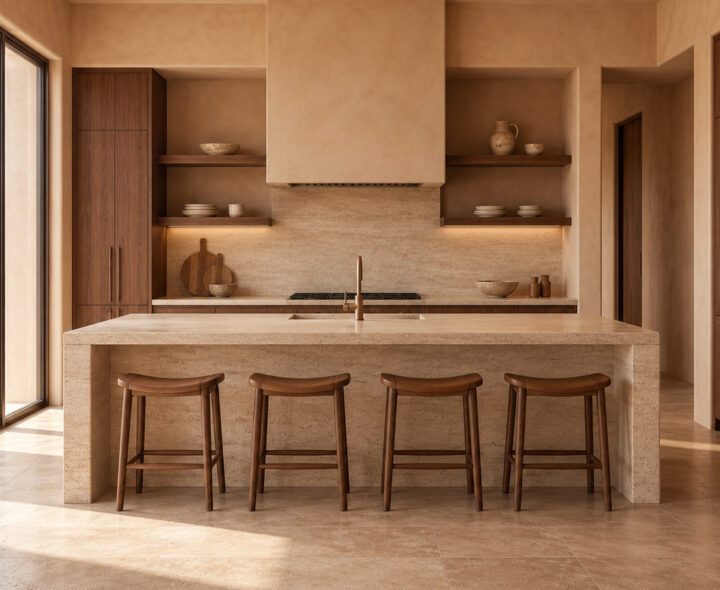 Minimal desert-style kitchen with a broad travertine-look island, four wooden stools, walnut cabinetry and warm plaster walls.
