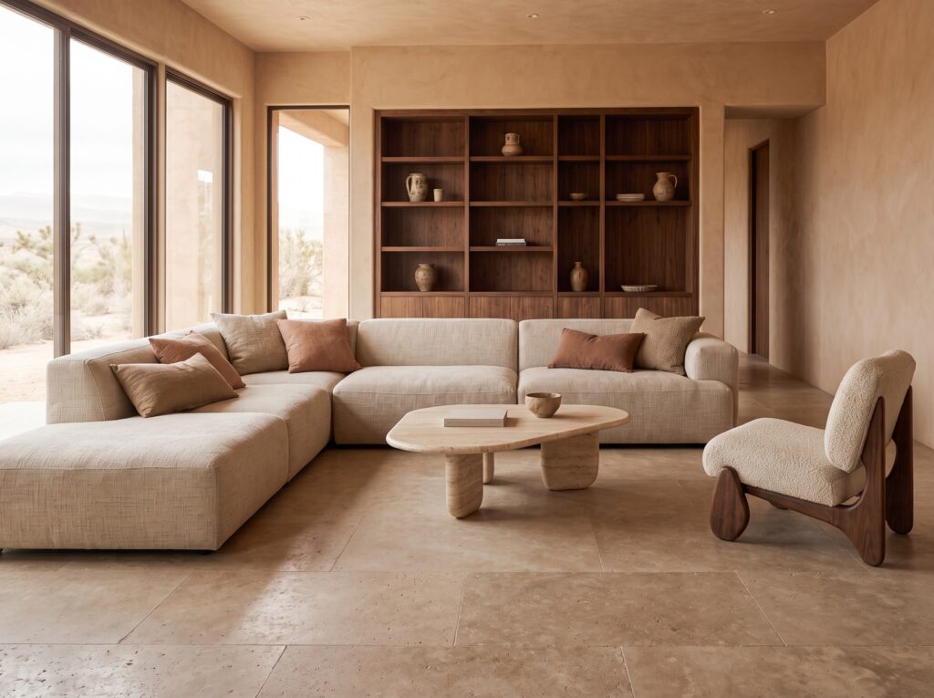 Warm minimalist living room with a cream corner sofa, pale sculptural coffee table, dark walnut shelving and sunlit clay walls.
