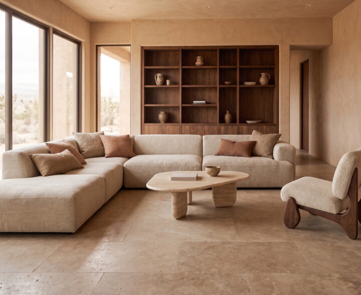 Warm minimalist living room with a cream corner sofa, pale sculptural coffee table, dark walnut shelving and sunlit clay walls.