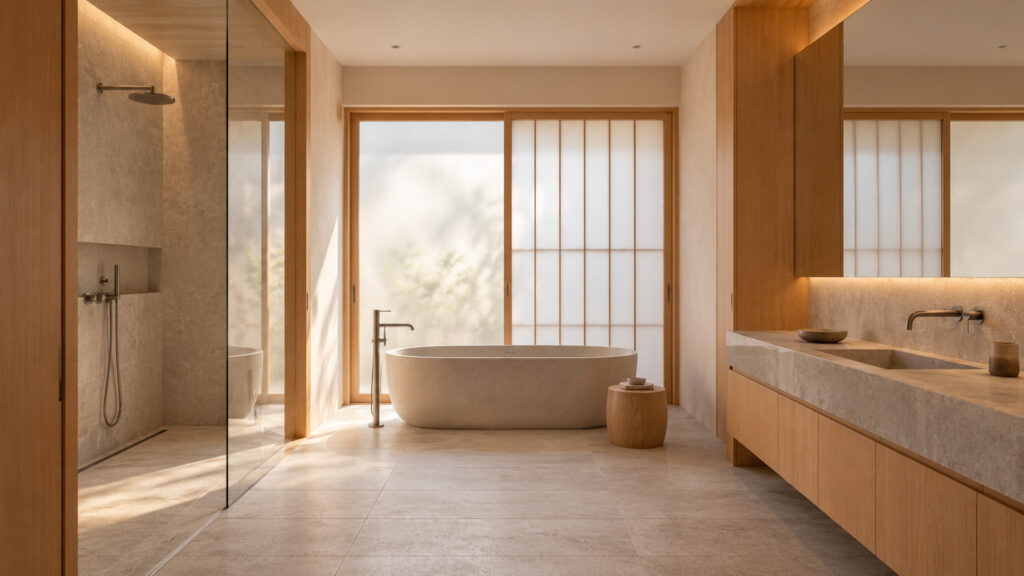 Bright Japandi bathroom with freestanding oval stone-look bathtub, pale stone floor, oak vanity, glass shower and translucent shoji screens