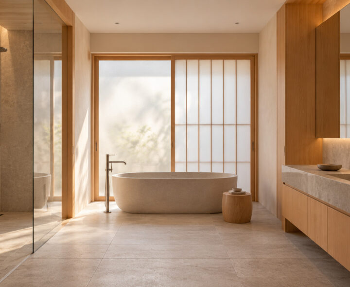 Bright Japandi bathroom with freestanding oval stone-look bathtub, pale stone floor, oak vanity, glass shower and translucent shoji screens