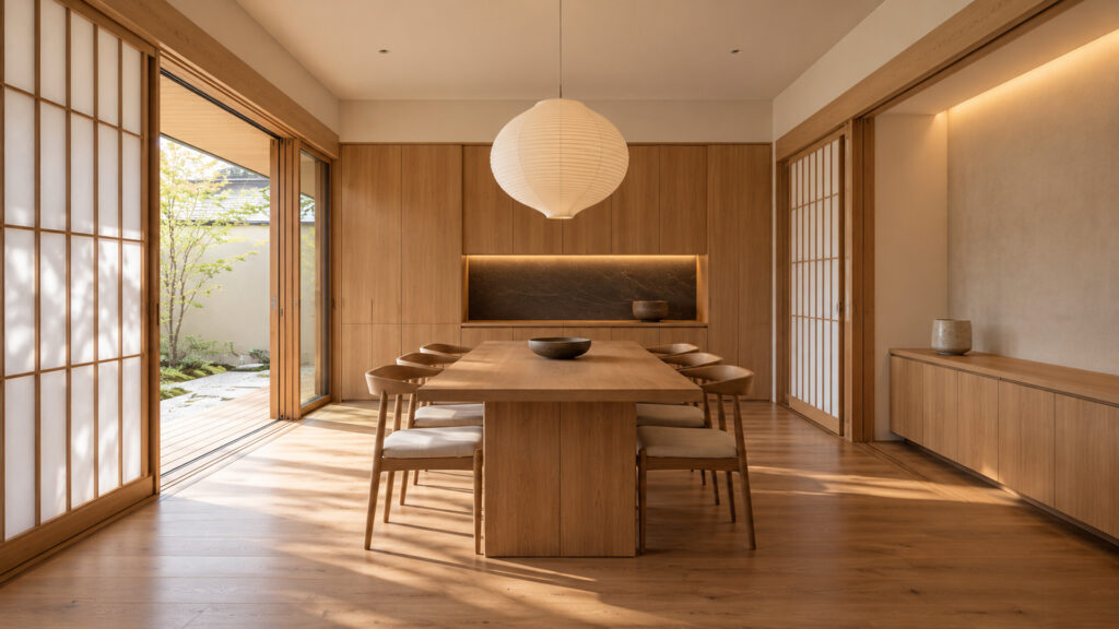 Japandi dining room featuring a long natural oak table, timber chairs, shoji sliding doors and a white paper lantern overlooking the courtyard