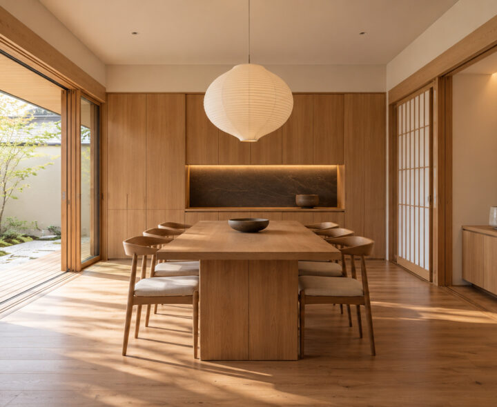 Japandi dining room featuring a long natural oak table, timber chairs, shoji sliding doors and a white paper lantern overlooking the courtyard