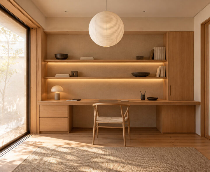 Minimal Japandi home office with integrated light oak desk, wooden chair, softly lit shelves, paper lantern and tall shoji-framed window