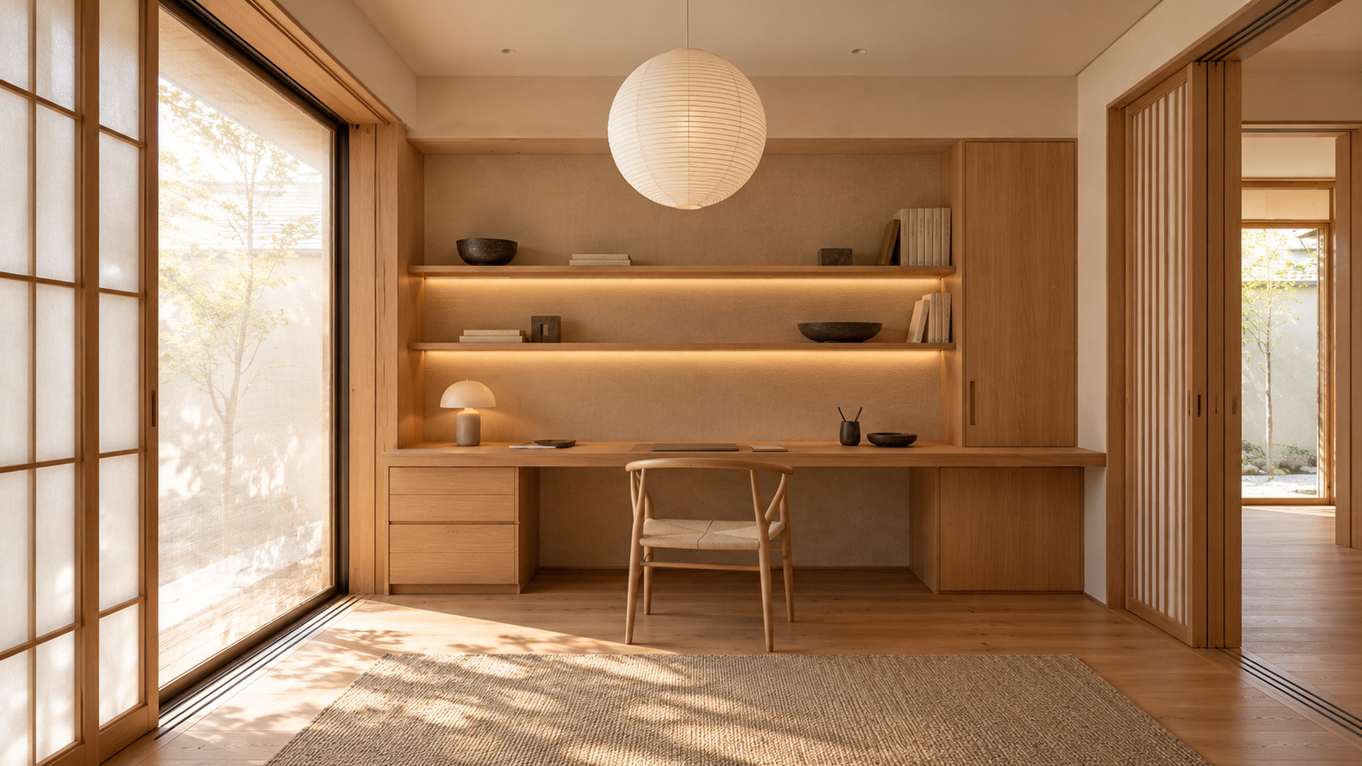 Minimal Japandi home office with integrated light oak desk, wooden chair, softly lit shelves, paper lantern and tall shoji-framed window