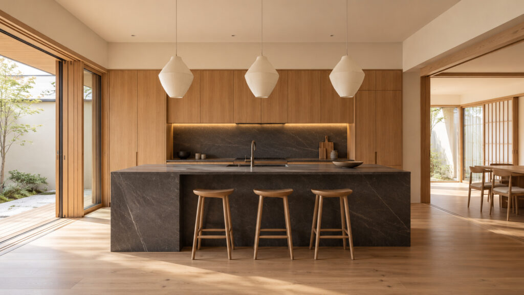 Japandi kitchen with dark charcoal stone island, pale oak floor-to-ceiling cabinets, light timber stools and sculptural white pendants