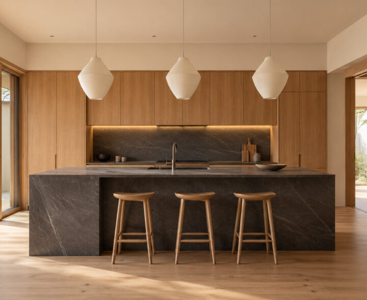 Japandi kitchen with dark charcoal stone island, pale oak floor-to-ceiling cabinets, light timber stools and sculptural white pendants