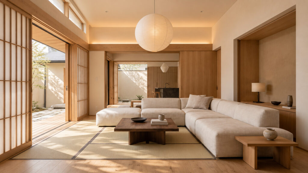 Minimal Japandi lounge with pale oak shoji doors, low cream sectional, dark timber table and paper lantern illuminated by courtyard light