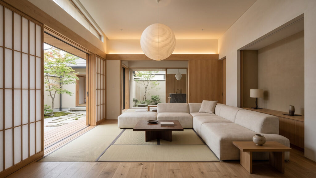 Warm Japandi living room with cream sectional sofa, dark wood coffee table, tatami floor, paper lantern and shoji doors overlooking a courtyard