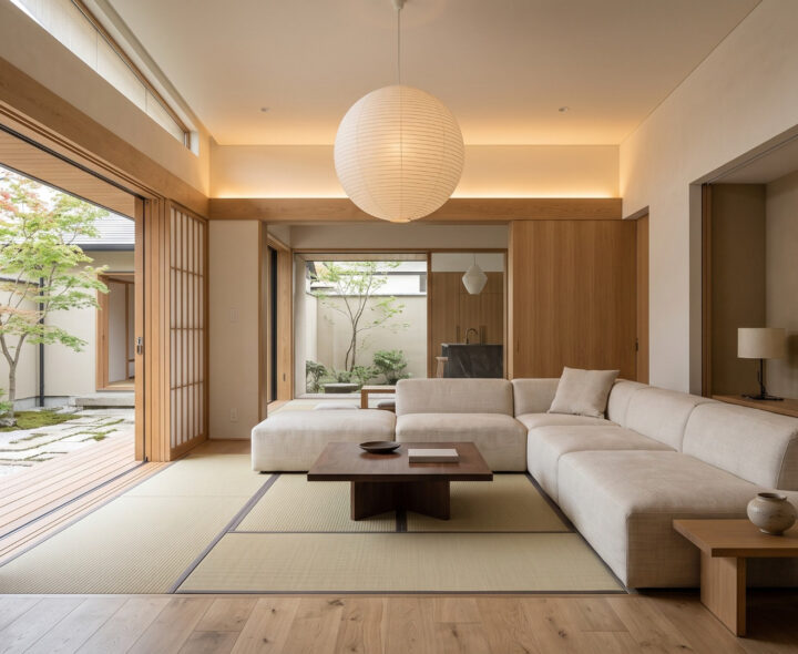 Warm Japandi living room with cream sectional sofa, dark wood coffee table, tatami floor, paper lantern and shoji doors overlooking a courtyard