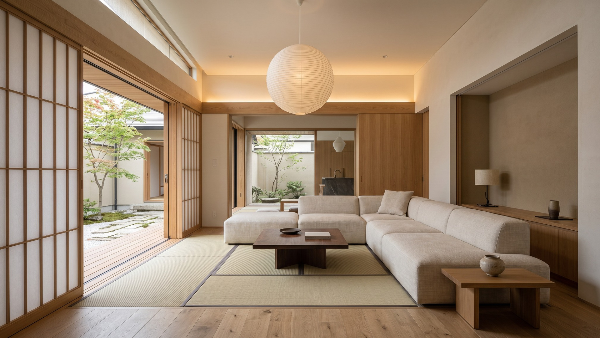Warm Japandi living room with cream sectional sofa, dark wood coffee table, tatami floor, paper lantern and shoji doors overlooking a courtyard
