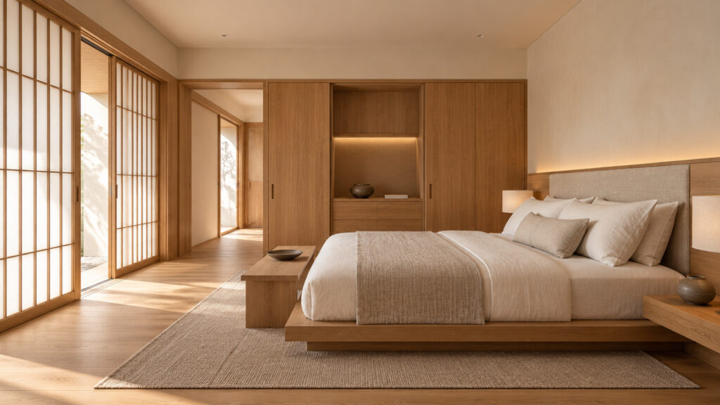 Minimal Japanese-inspired bedroom with a low oak platform bed, cream linen duvet, integrated oak storage and shoji windows