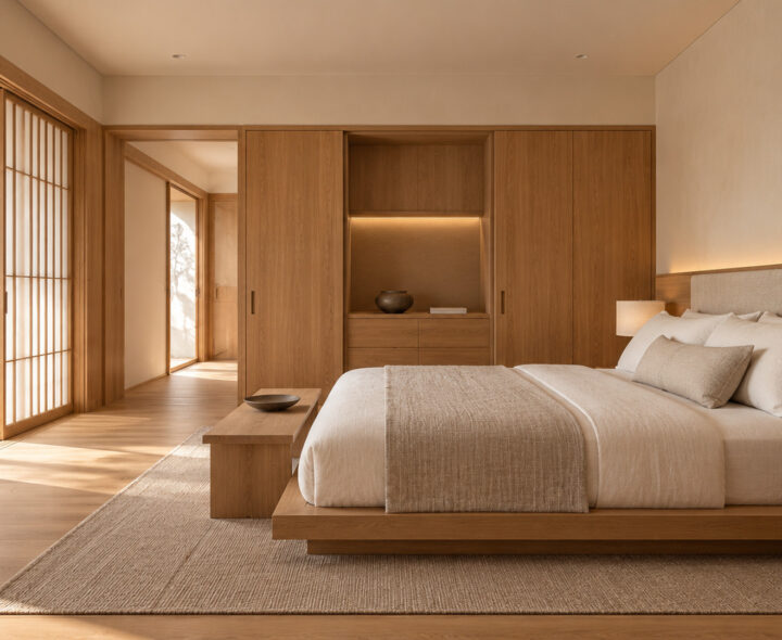 Minimal Japanese-inspired bedroom with a low oak platform bed, cream linen duvet, integrated oak storage and shoji windows