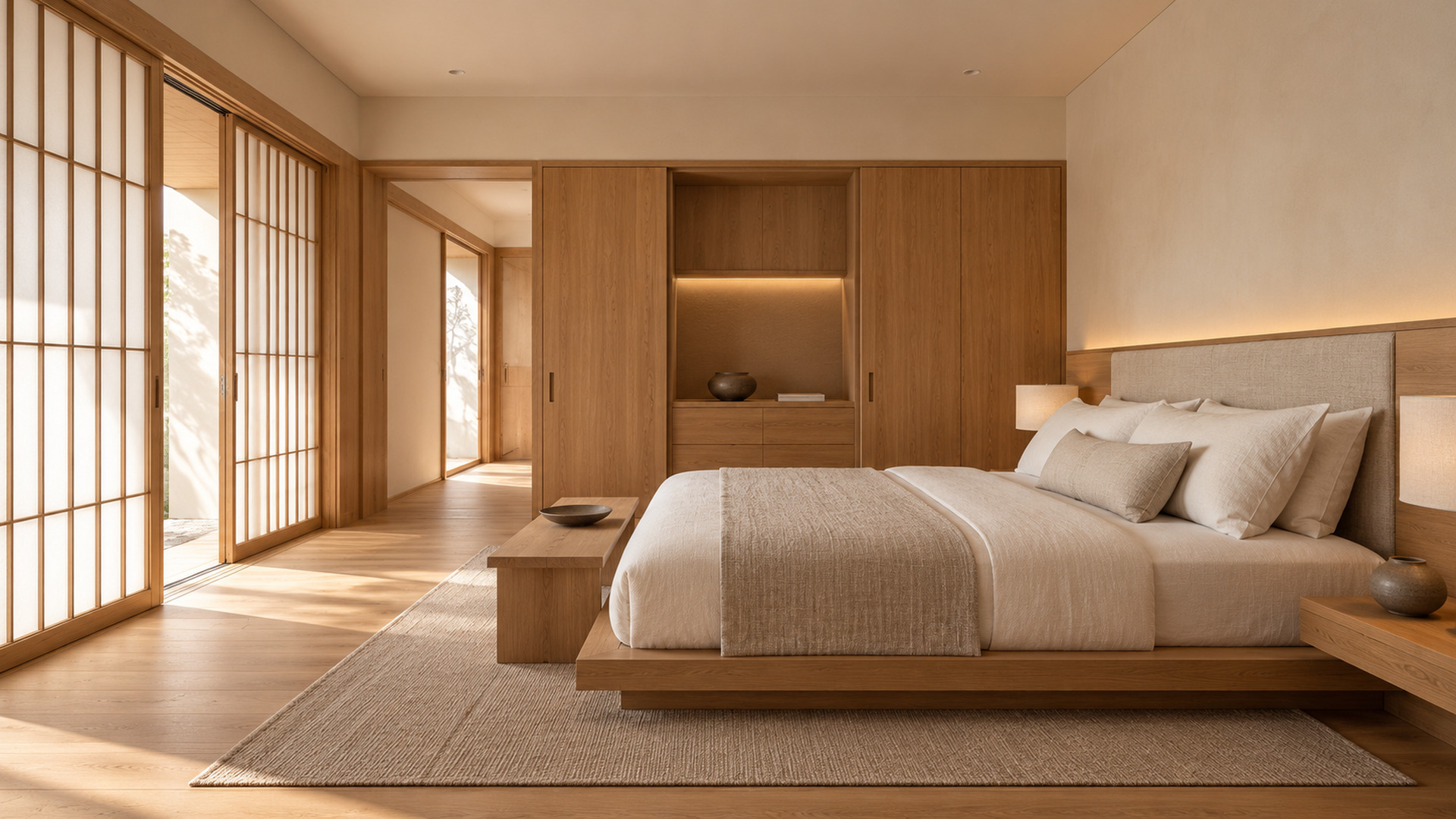 Minimal Japanese-inspired bedroom with a low oak platform bed, cream linen duvet, integrated oak storage and shoji windows