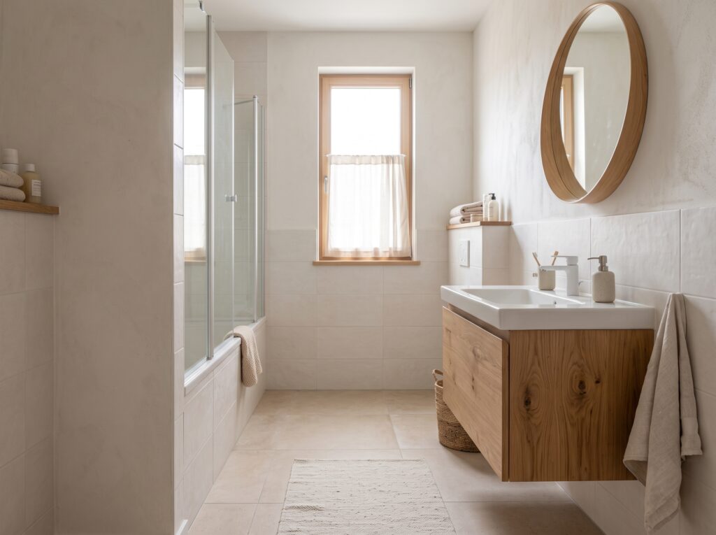 Minimal Scandinavian bathroom with oak floating vanity, round wood mirror, white tiled bath and glass shower screen