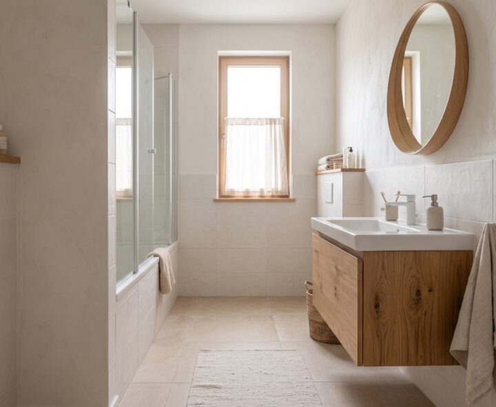 Minimal Scandinavian bathroom with oak floating vanity, round wood mirror, white tiled bath and glass shower screen