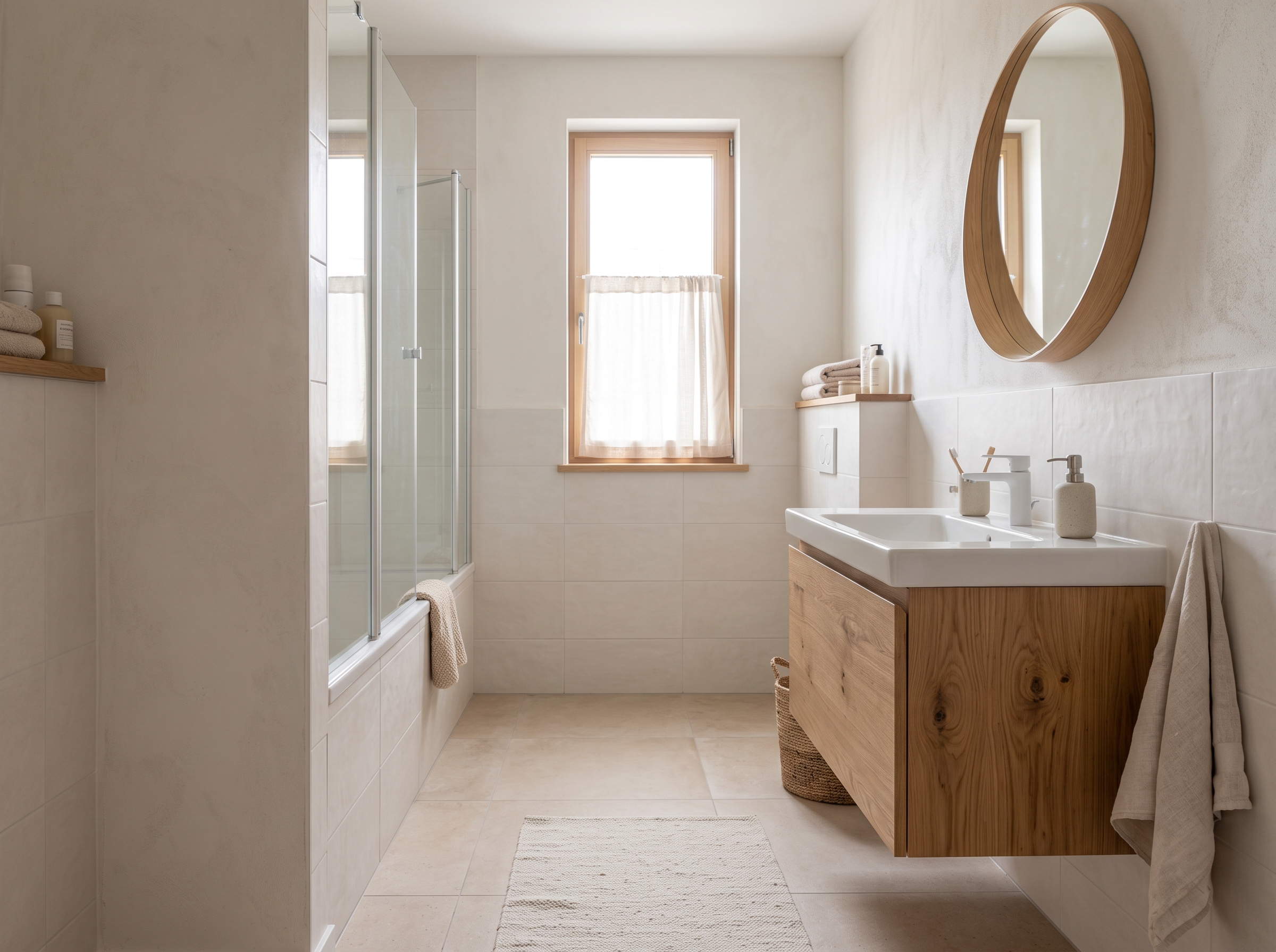Minimal Scandinavian bathroom with oak floating vanity, round wood mirror, white tiled bath and glass shower screen