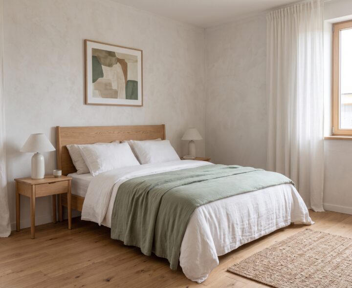 Scandinavian bedroom with natural oak bed, white duvet, muted sage throw blanket, bedside lamps and woven rug