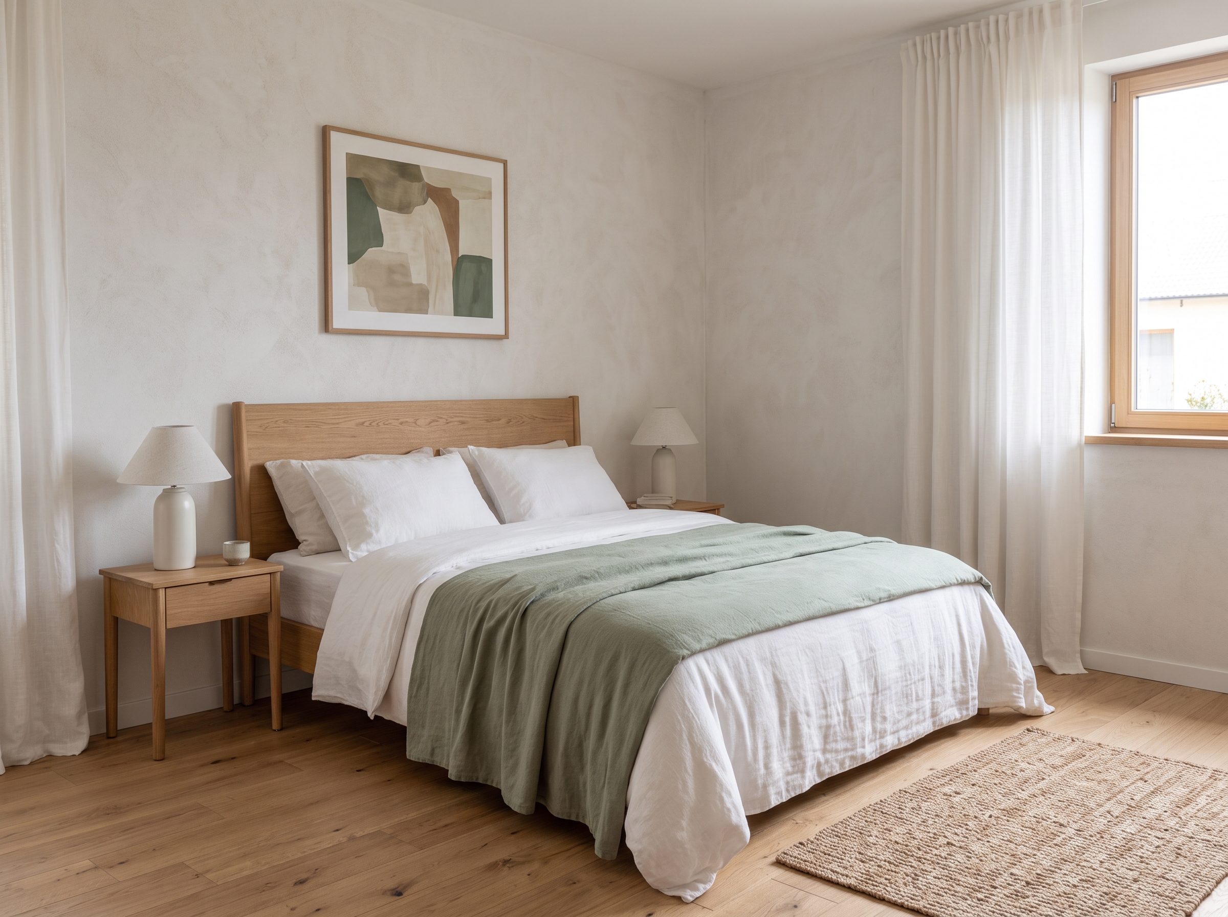 Scandinavian bedroom with natural oak bed, white duvet, muted sage throw blanket, bedside lamps and woven rug
