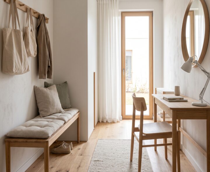 Narrow Scandinavian home office and entryway with light oak desk, round mirror, wall-mounted hooks and cushioned bench