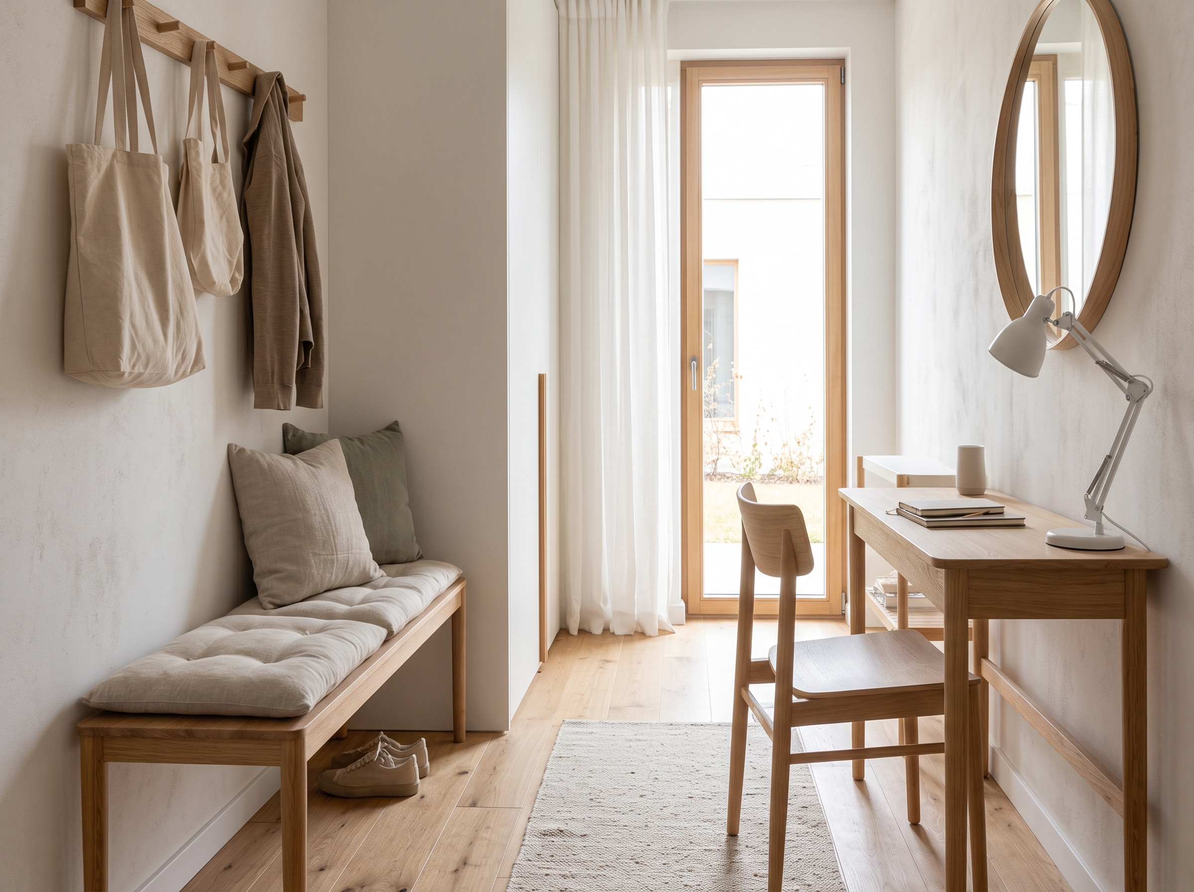 Narrow Scandinavian home office and entryway with light oak desk, round mirror, wall-mounted hooks and cushioned bench
