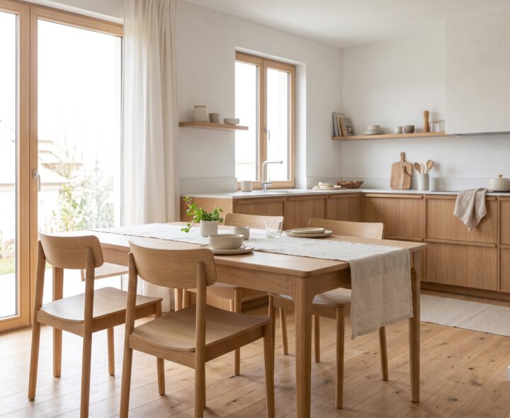 Scandinavian kitchen with oak cupboards, open shelves, white countertops and a light wood dining table beside tall windows