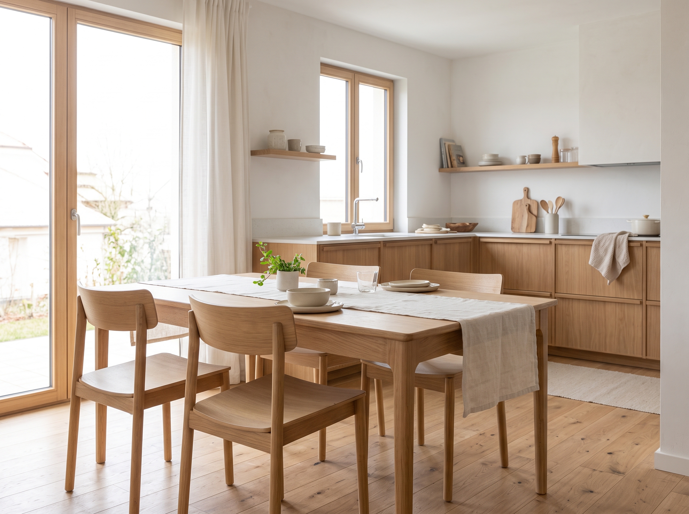 Scandinavian kitchen with oak cupboards, open shelves, white countertops and a light wood dining table beside tall windows