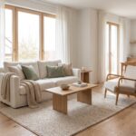 Cream sofa, pale oak coffee table, sage-green cushions and wooden lounge chair in a sunlit Scandinavian living room