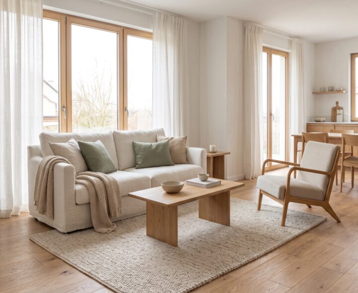 Cream sofa, pale oak coffee table, sage-green cushions and wooden lounge chair in a sunlit Scandinavian living room