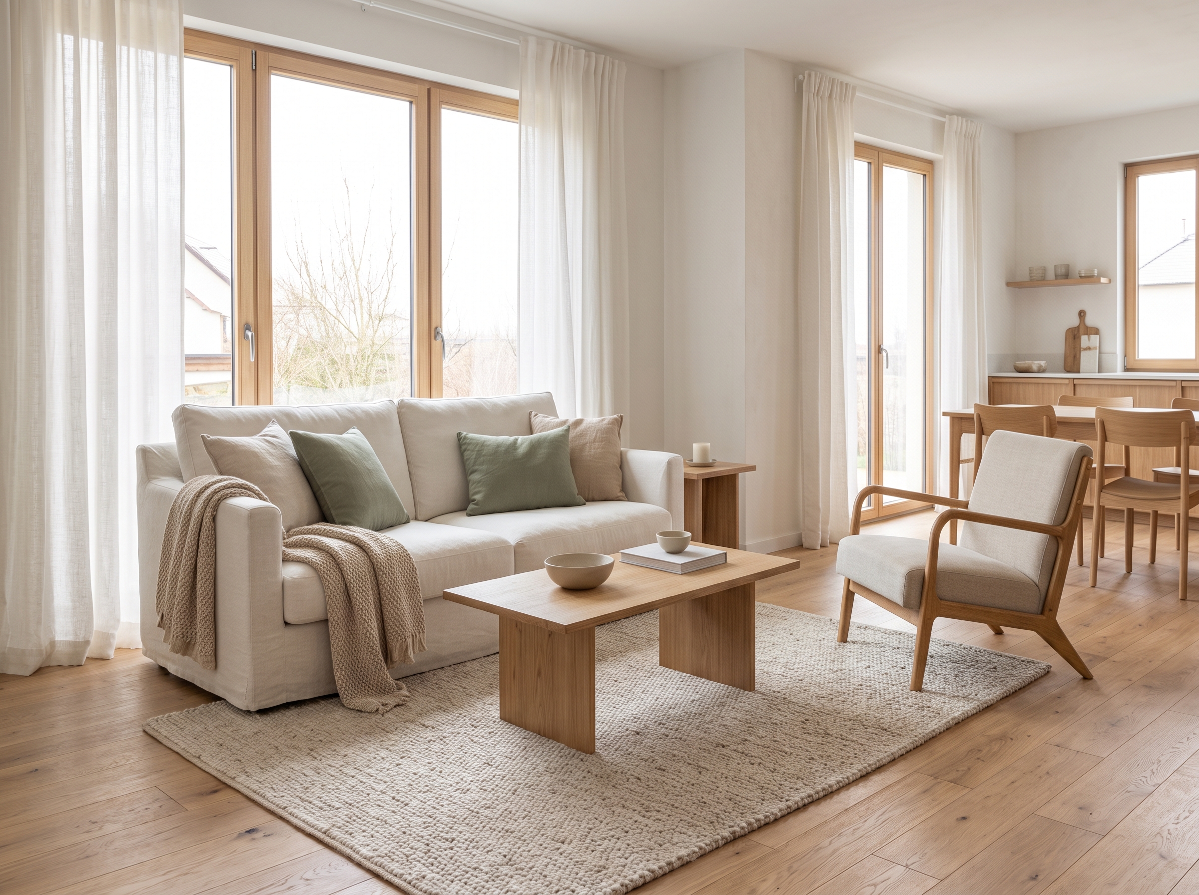 Cream sofa, pale oak coffee table, sage-green cushions and wooden lounge chair in a sunlit Scandinavian living room